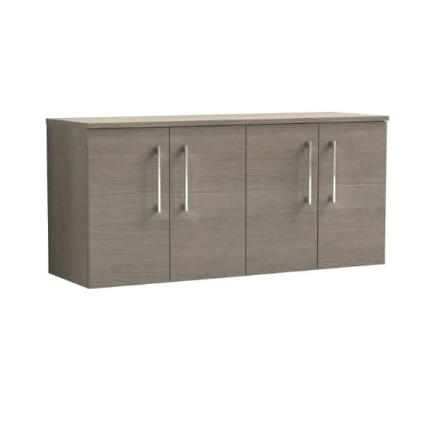 The Nuie Arno 4 Door Wall Hung Vanity Unit with Worktop is a rectangular, wall-mounted cabinet in a light grey wood finish with four doors and vertical metal handles, measuring 1200mm wide.