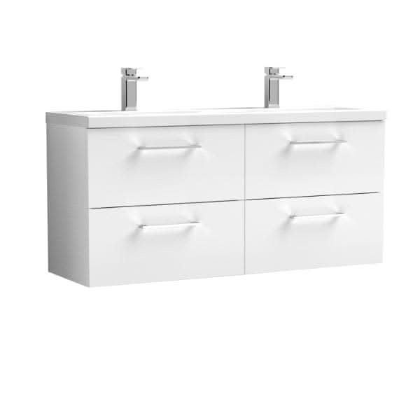 The Nuie Arno 4 Drawer Wall Hung Vanity Unit with Double Ceramic Basin (1200mm wide) by Nuie features a sleek design and is shown against a plain white background, complete with two chrome faucets.