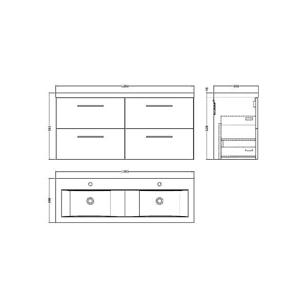 Technical drawing of the Nuie Arno 4 Drawer Wall Hung Vanity Unit With Double Ceramic Basin 1200mm Wide by Nuie, showing front, side, and top views with labeled dimensions: 1200mm width, 520mm height, and 460mm depth.