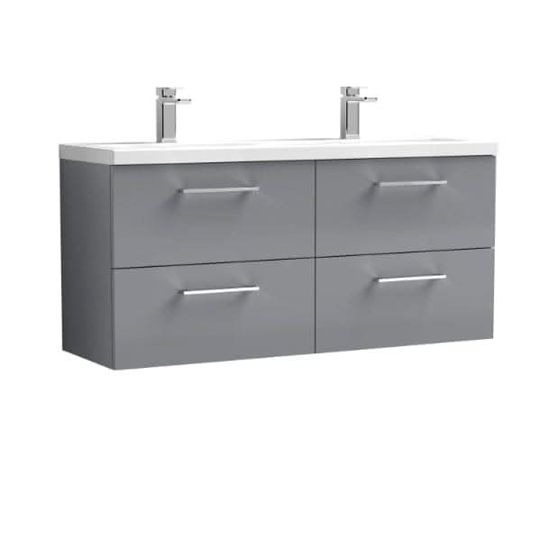 The Nuie Arno 4 Drawer Wall Hung Vanity Unit by Nuie features a stylish gray finish, four drawers, a white countertop, double ceramic basin with two rectangular sinks, and sleek chrome faucets. Width: 1200mm.