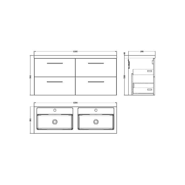 Nuie Arno 4 Drawer Wall Hung Vanity Unit With Double Polymarble Basin 1200mm Wide