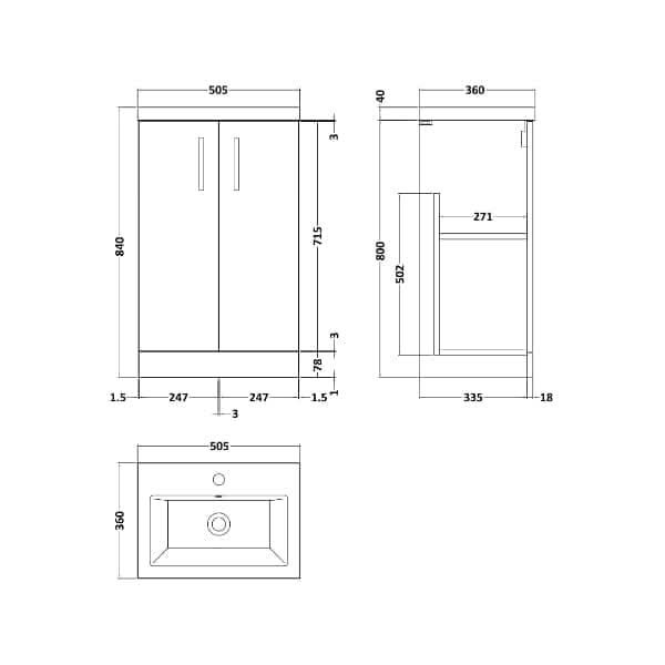 Nuie Arno Compact 2 Door Floorstanding Vanity Unit With Ceramic Basin 500mm Wide