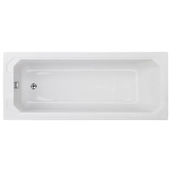 The Nuie Ascott Rectangular Single Ended Bath in white by Nuie features a modern acrylic design, a smooth surface, and a silver drain with overflow outlet at one end, as seen from above.