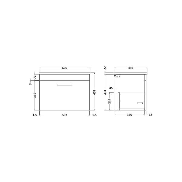 Nuie Athena 1 Drawer Wall Hung Vanity Unit 600mm Wide