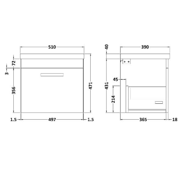 Nuie Athena 1 Drawer Wall Hung Vanity Unit With Basin-1 500mm Wide