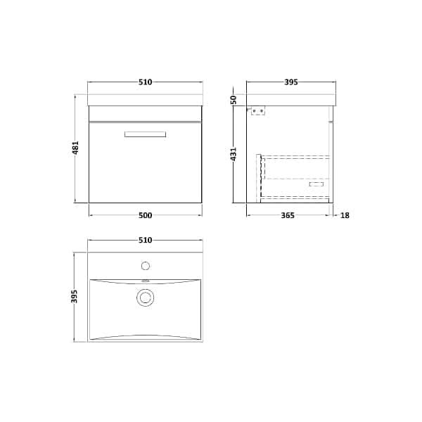 Nuie Athena 1 Drawer Wall Hung Vanity Unit With Basin-3 500mm Wide