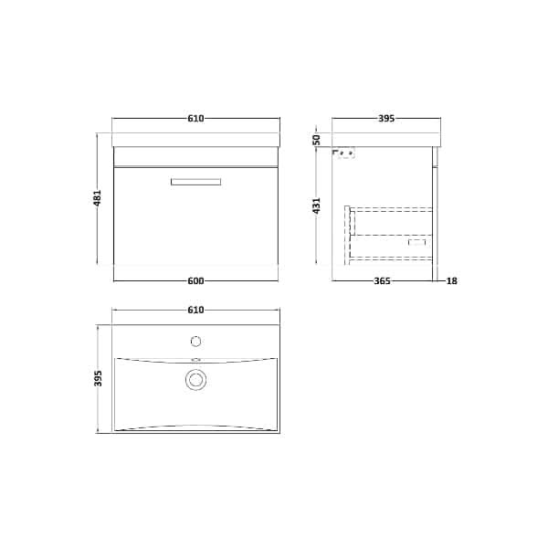 Nuie Athena 1 Drawer Wall Hung Vanity Unit With Basin-3 600mm Wide