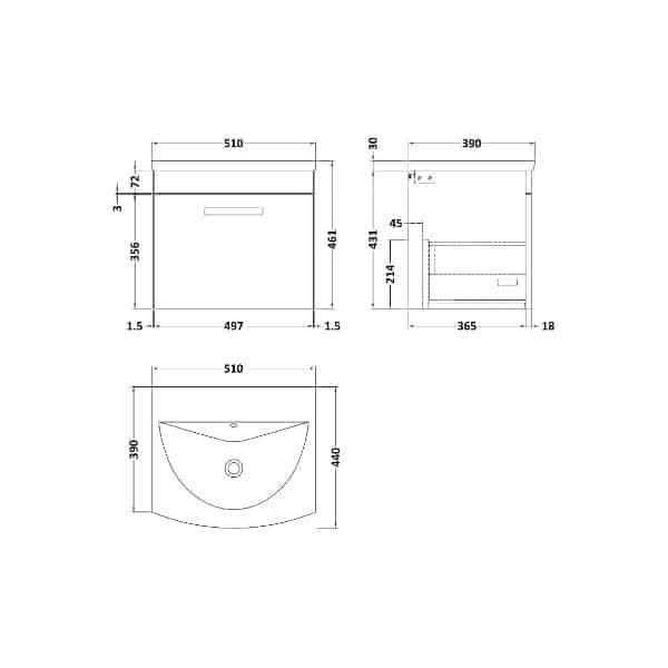 Nuie Athena 1 Drawer Wall Hung Vanity Unit With Basin-4 500mm Wide