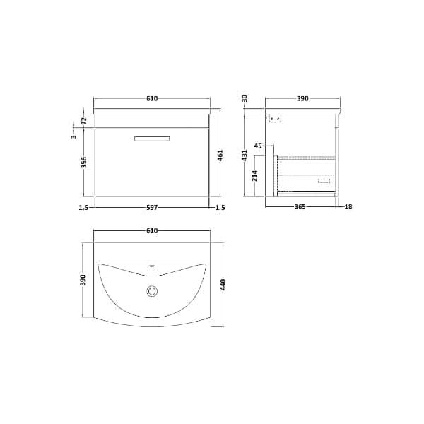Nuie Athena 1 Drawer Wall Hung Vanity Unit With Basin-4 600mm Wide