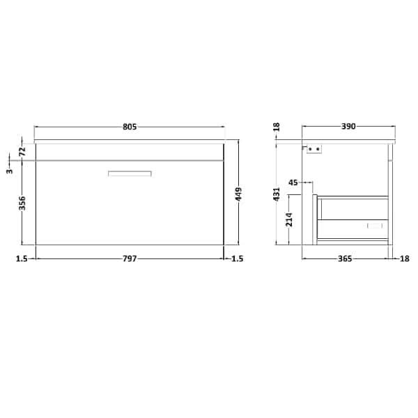Nuie Athena 1 Drawer Wall Hung Vanity Unit With Worktop 800mm Wide