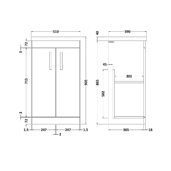 Nuie Athena 2 Door Floorstanding Vanity Unit With Basin-1 500mm Wide