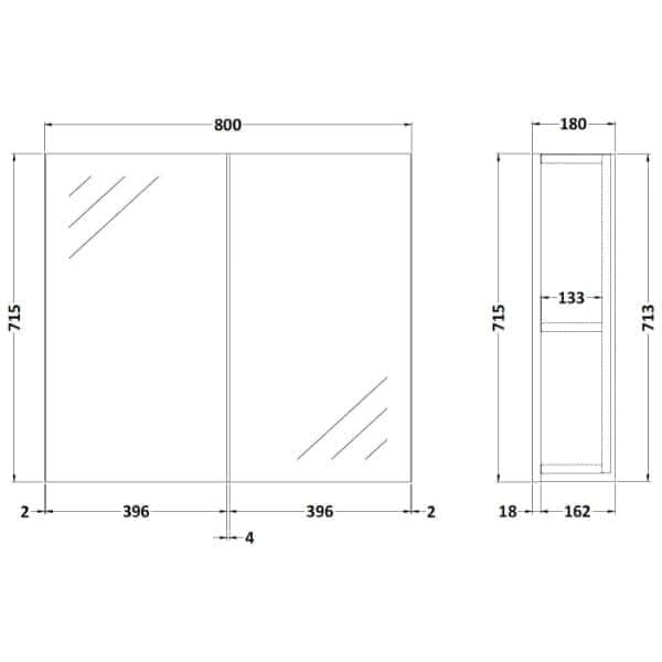 Nuie Athena 2 Door Non Illuminated Mirrored Cabinet (50/50) 800mm Wide