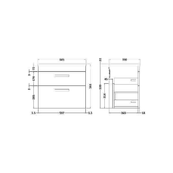 Nuie Athena 2 Drawer Wall Hung Vanity Unit 600mm Wide