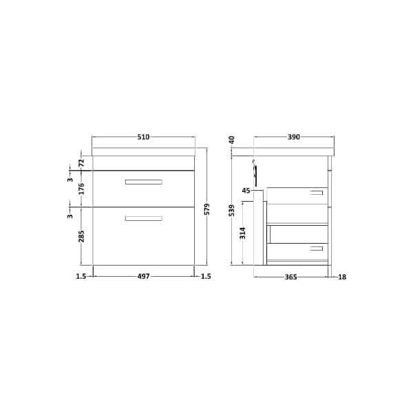 Nuie Athena 2 Drawer Wall Hung Vanity Unit With Basin-1 500mm Wide
