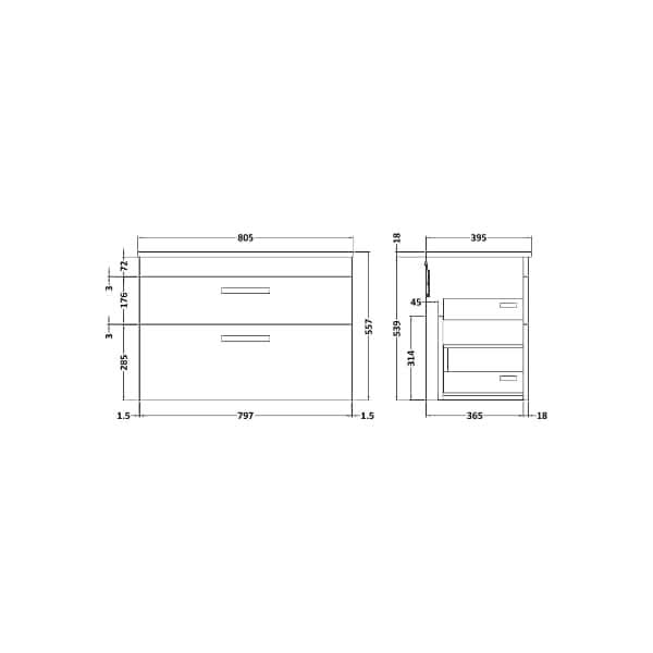 Nuie Athena 2 Drawer Wall Hung Vanity Unit With Basin-2 800mm Wide