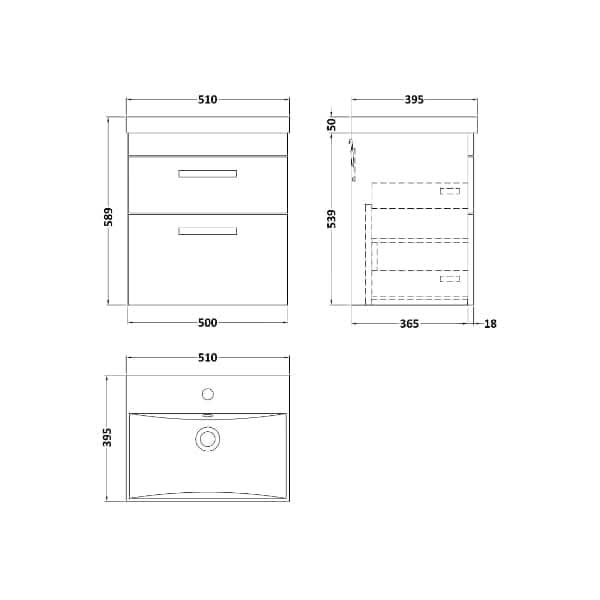 Nuie Athena 2 Drawer Wall Hung Vanity Unit With Basin-3 500mm Wide