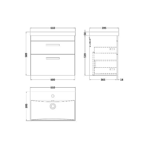 Nuie Athena 2 Drawer Wall Hung Vanity Unit With Basin-3 600mm Wide