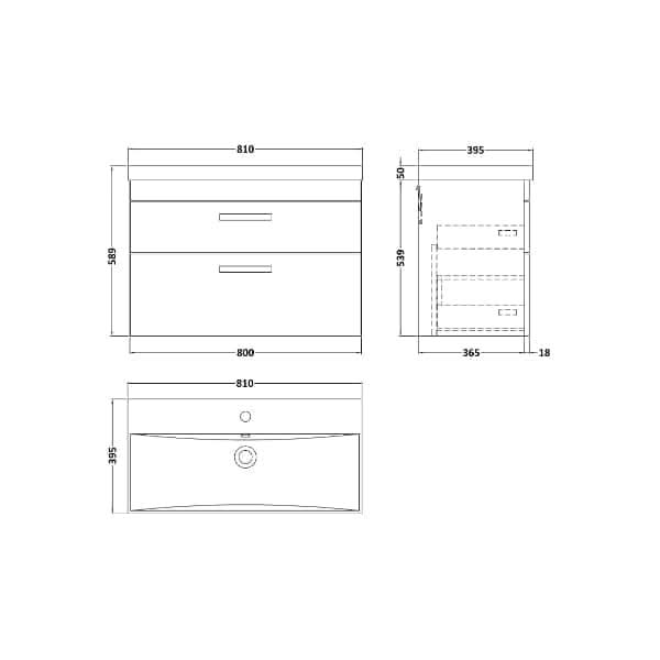Nuie Athena 2 Drawer Wall Hung Vanity Unit With Basin-3 800mm Wide