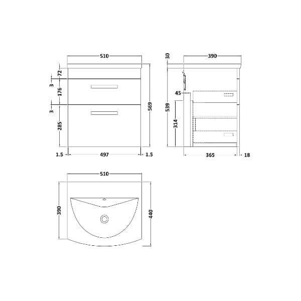 Nuie Athena 2 Drawer Wall Hung Vanity Unit With Basin-4 500mm Wide