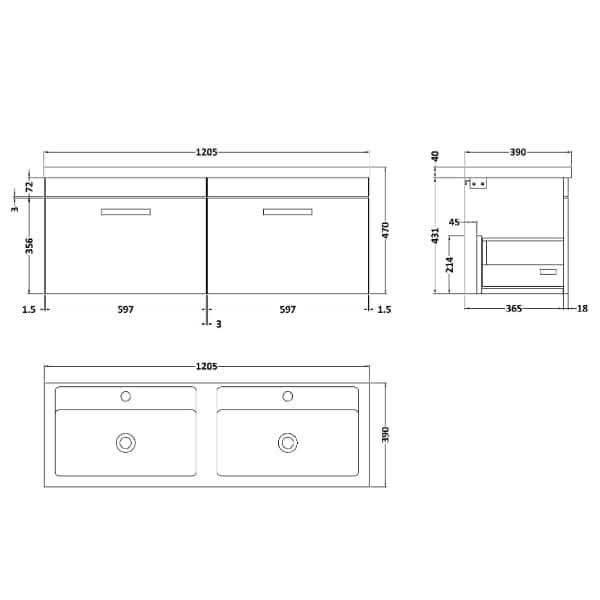 Nuie Athena 2 Drawer Wall Hung Vanity Unit With Double Basin 1200mm Wide