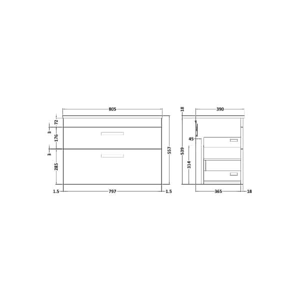 Nuie Athena 2 Drawer Wall Hung Vanity Unit With Worktop 800mm Wide
