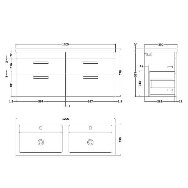 Nuie Athena 4 Drawer Wall Hung Vanity Unit With Double Basin 1200mm Wide