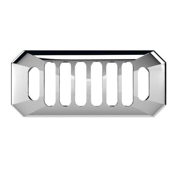 A chrome-plated rectangular car grille with six vertical slots and angled corners, featuring a reflective finish like the Nuie Carlton Overflow Cover by Nuie, shown front-facing against a white background.