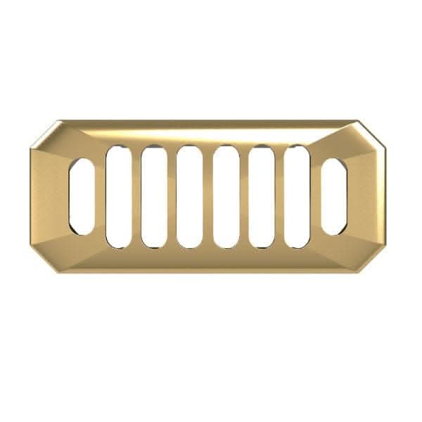 The Nuie Carlton Overflow Cover by Nuie is a gold rectangular metal cover with chamfered corners and six vertical center slots, resembling a decorative bathroom overflow or vent cover, shown from the front view.