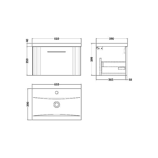 Nuie Deco 1 Drawer Wall Hung Vanity Unit With Basin-1 600mm Wide
