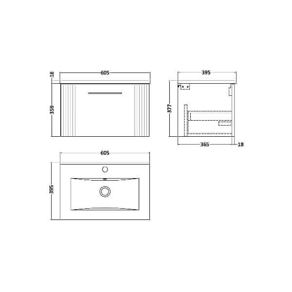 Nuie Deco 1 Drawer Wall Hung Vanity Unit With Basin-2 600mm Wide