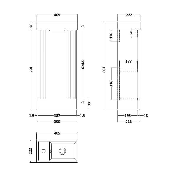 Nuie Deco 1-Door Compact Floorstanding Vanity Unit With Basin 400mm Wide