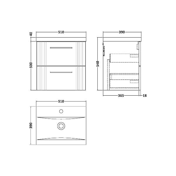 Nuie Deco 2 Drawer Wall Hung Vanity Unit With Basin-1 500mm Wide