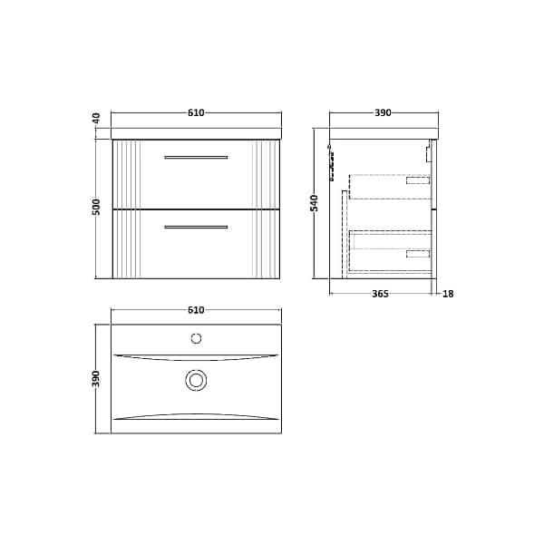 Nuie Deco 2 Drawer Wall Hung Vanity Unit With Basin-1 600mm Wide