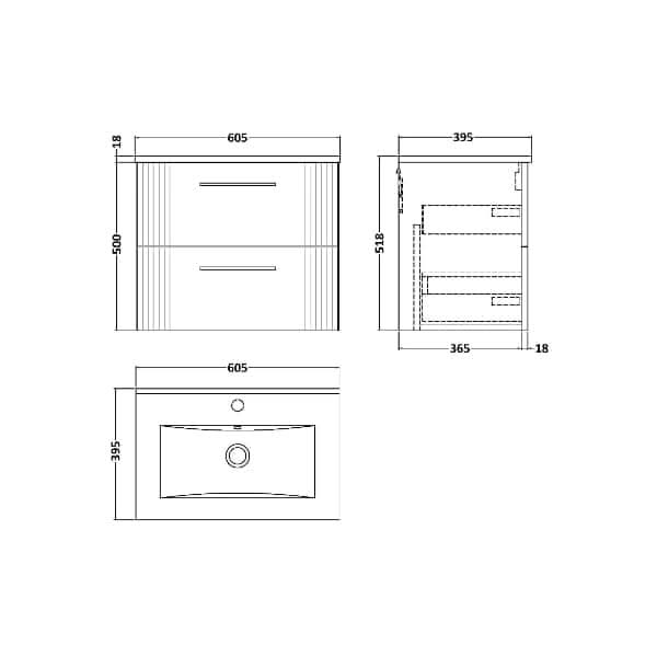 Nuie Deco 2 Drawer Wall Hung Vanity Unit With Basin-2 600mm Wide