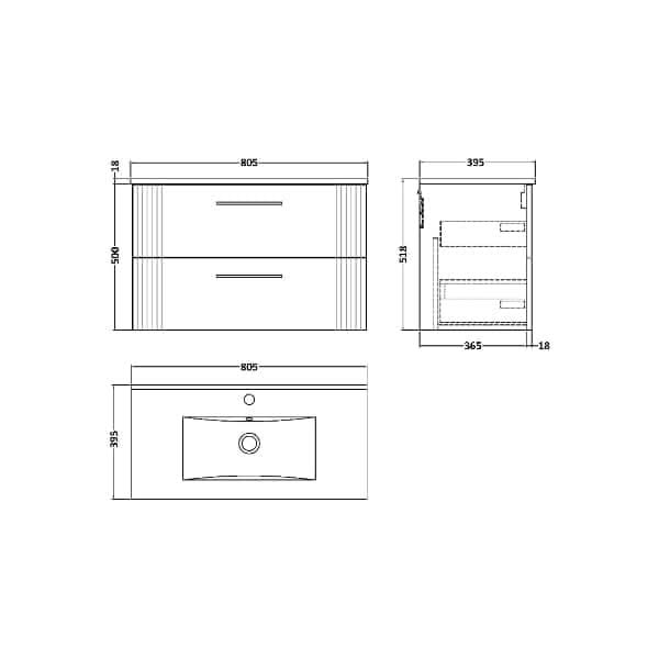 Nuie Deco 2 Drawer Wall Hung Vanity Unit With Basin-2 800mm Wide