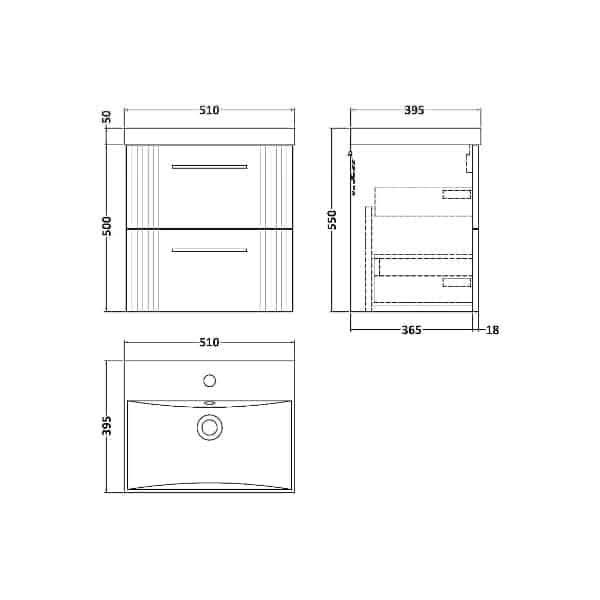 Nuie Deco 2 Drawer Wall Hung Vanity Unit With Basin-3 500mm Wide