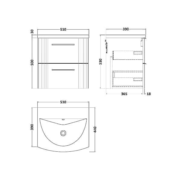 Nuie Deco 2 Drawer Wall Hung Vanity Unit With Basin-4 500mm Wide