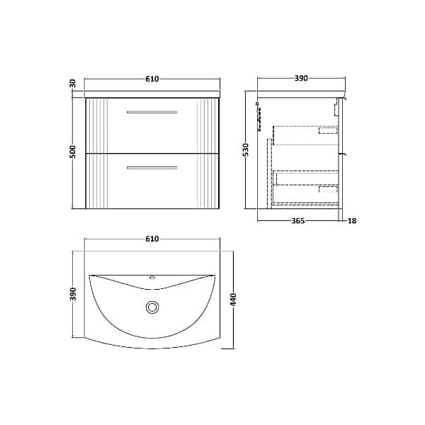 Nuie Deco 2 Drawer Wall Hung Vanity Unit With Basin-4 600mm Wide