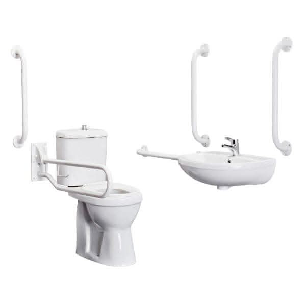 An accessible bathroom setup with a toilet and basin, each equipped with white grab rails from the Nuie Doc M Pack Including WC & Basin—perfect for enhanced safety and reliable convenience by Nuie.