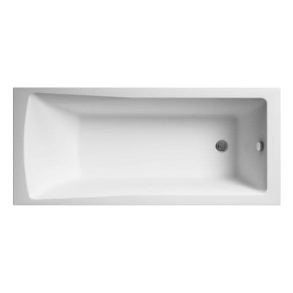 The Nuie Linton Single Ended Bath in white, by Nuie, has a rectangular shape, drain hole at one end, and smooth minimalist design—ideal for modern spaces.