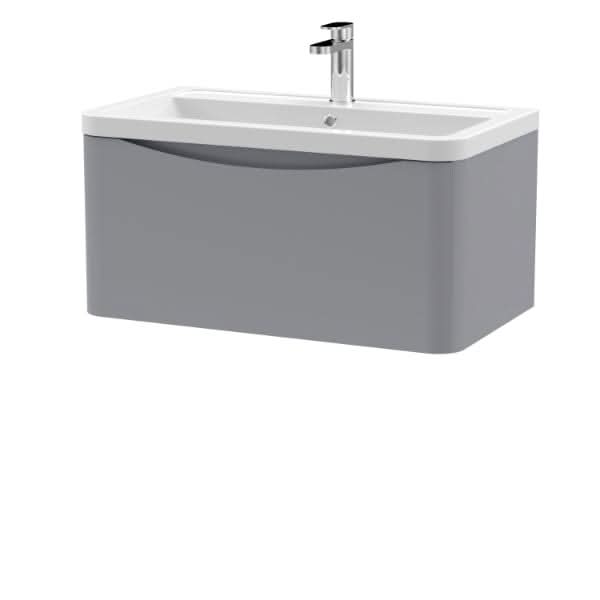 The Nuie Lunar 1 Drawer Wall Hung Vanity Unit with Ceramic Basin (800mm), by Nuie, features a modern design with a glossy gray finish and sleek white ceramic basin, perfect for contemporary bathrooms.