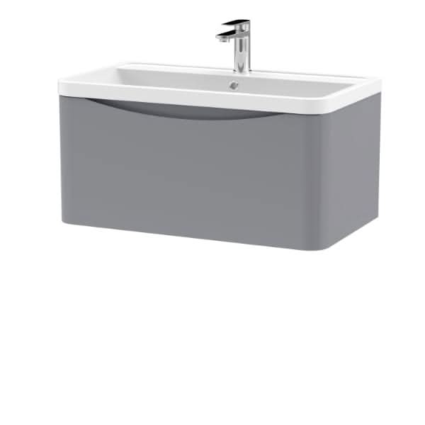 The Nuie Lunar 1 Drawer Wall Hung Vanity Unit with an 800mm wide gray cabinet and white polymarble basin offers minimalist style and comes complete with a chrome faucet.