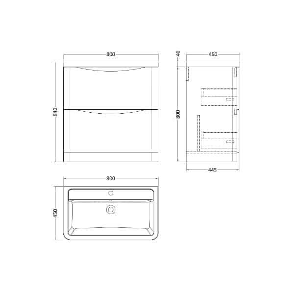 Nuie Lunar 2 Drawer Floorstanding Vanity Unit With Ceramic Basin 800mm Wide