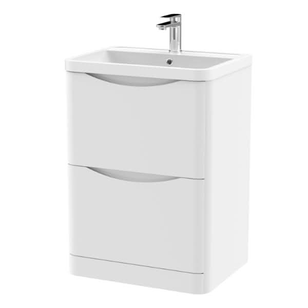 The Nuie Lunar 2 Drawer Floorstanding Vanity Unit with Polymarble Basin (600mm wide) offers a modern, minimalist design—ideal for stylish bathrooms seeking quality and storage from the trusted Nuie brand.
