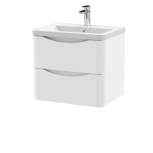 The Nuie Lunar 2 Drawer Wall Hung Vanity Unit with Ceramic Basin, 600mm wide, features a modern white finish and two curved-front drawers.