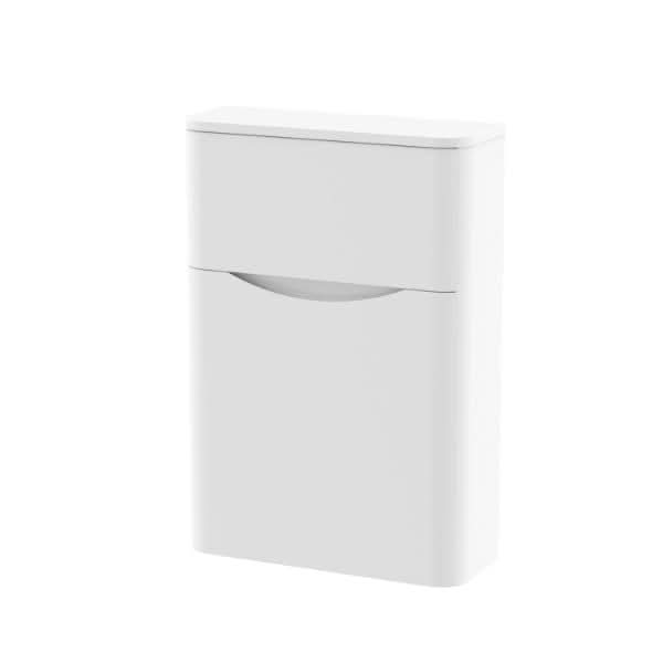 The Nuie Lunar Back to Wall WC Unit, 550mm wide, is a modern rectangular white cabinet with a smooth finish and built-in handle, shown against a plain white background.