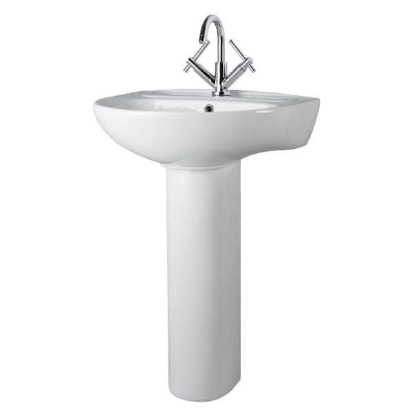 The Nuie Melbourne 550mm Basin With Full Pedestal in white by Nuie is showcased against a plain white background, highlighting its elegant design and high-quality construction.
