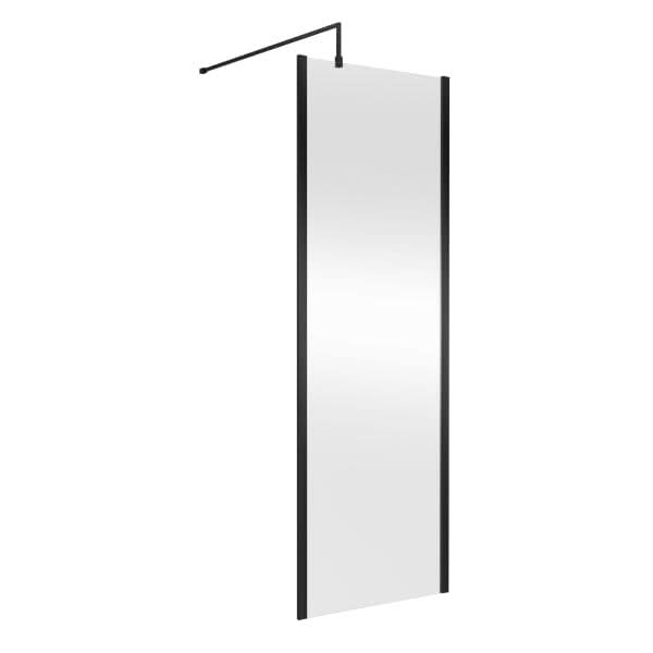 The Nuie Outer Framed Wetroom Screen by Nuie features a tall rectangular design, black vertical edges, and a horizontal black support bar at the top for secure wall mounting.