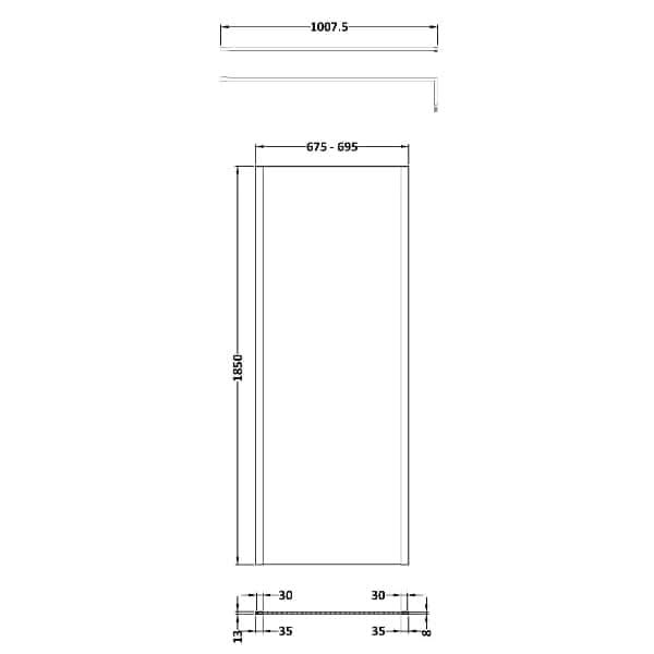 Technical drawing of the Nuie Outer Framed Wetroom Screen with Support Bar (Nuie brand) showing dimensions: height 1850 mm, width 675–695 mm, top view width 1007.5 mm, plus smaller measurements at the bottom and sides.