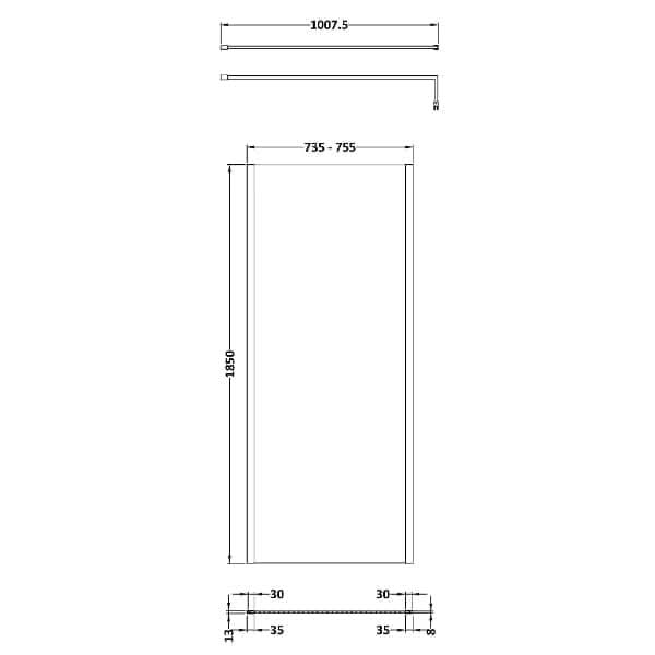 Technical drawing of the Nuie Outer Framed Wetroom Screen with Support Bar by Nuie: height 1850 mm, adjustable width 735–755 mm, depth 13 mm, top view width 1007.5 mm, and bottom edge sections of 30 mm and 35 mm.